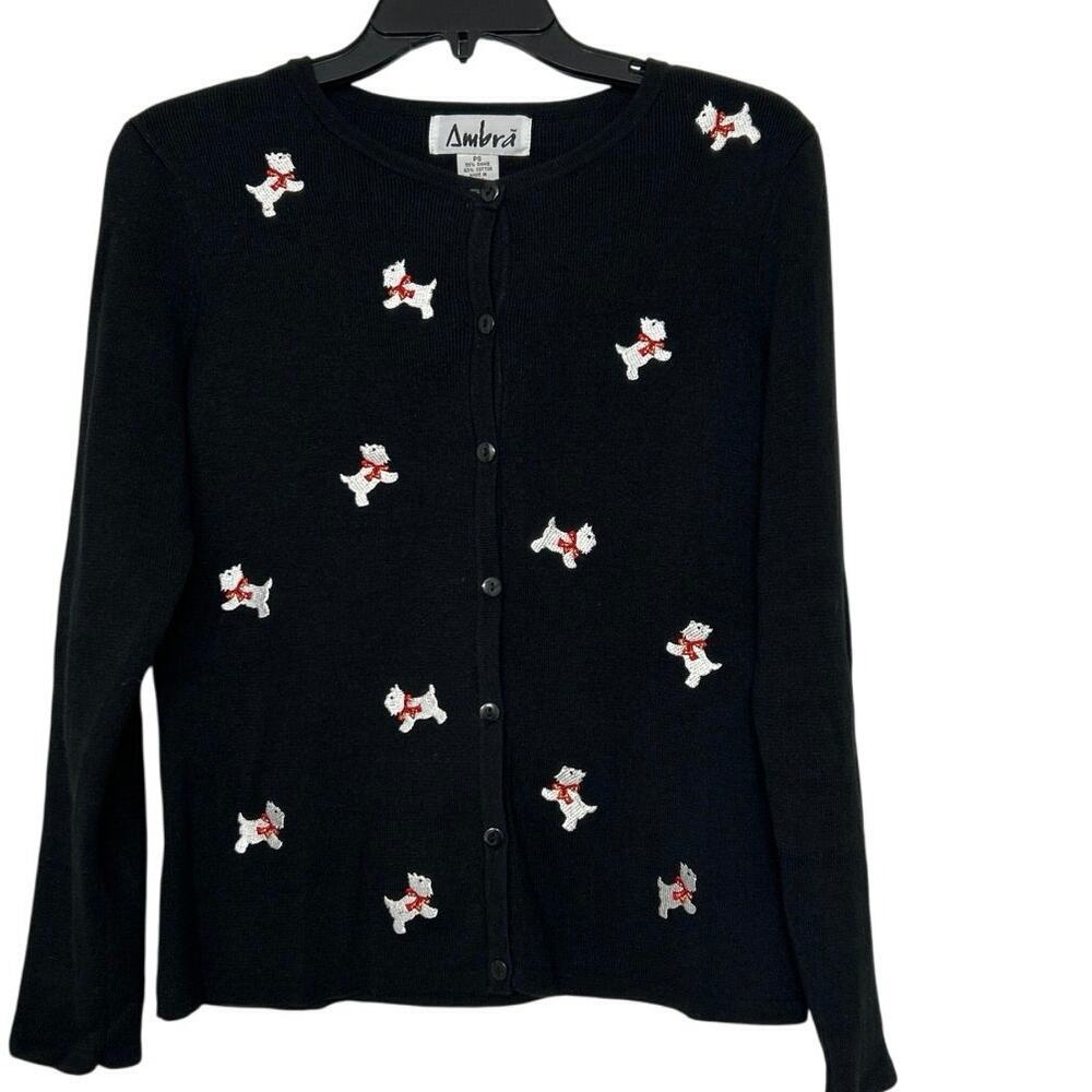 Ámbra Vtg Black Scottie Dog Holiday Button Down Cardigan Sweater SP Novelty